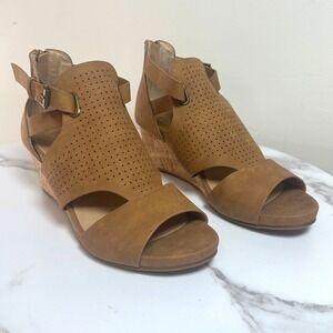 Market  Perforated Wedge Sandals Ankle Strap Cork Heel Size 8